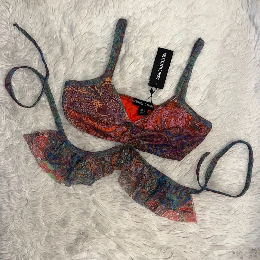 MULTI PATCHWORK PRINTED MESH FRILL WRAP DETAIL CROP TOP - Picture 2 of 3